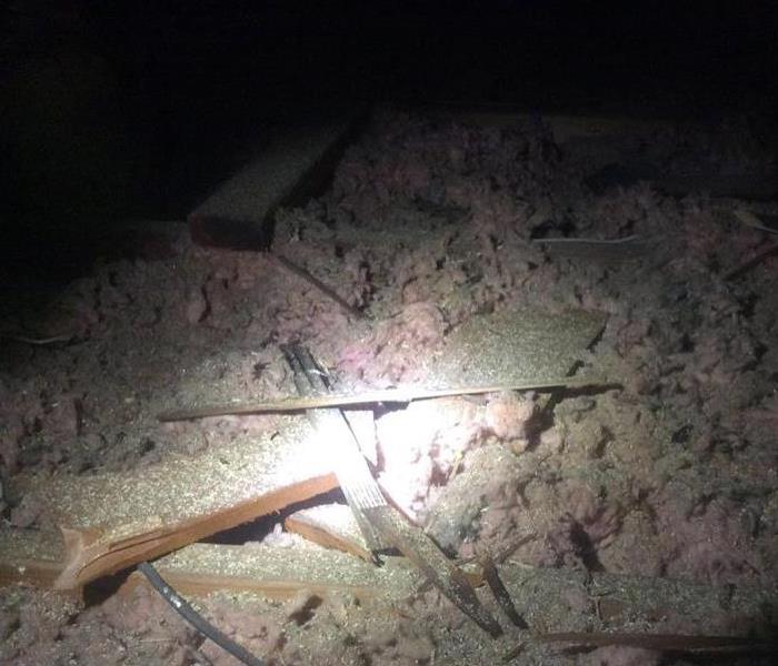 Fire damaged insulation in the attic.